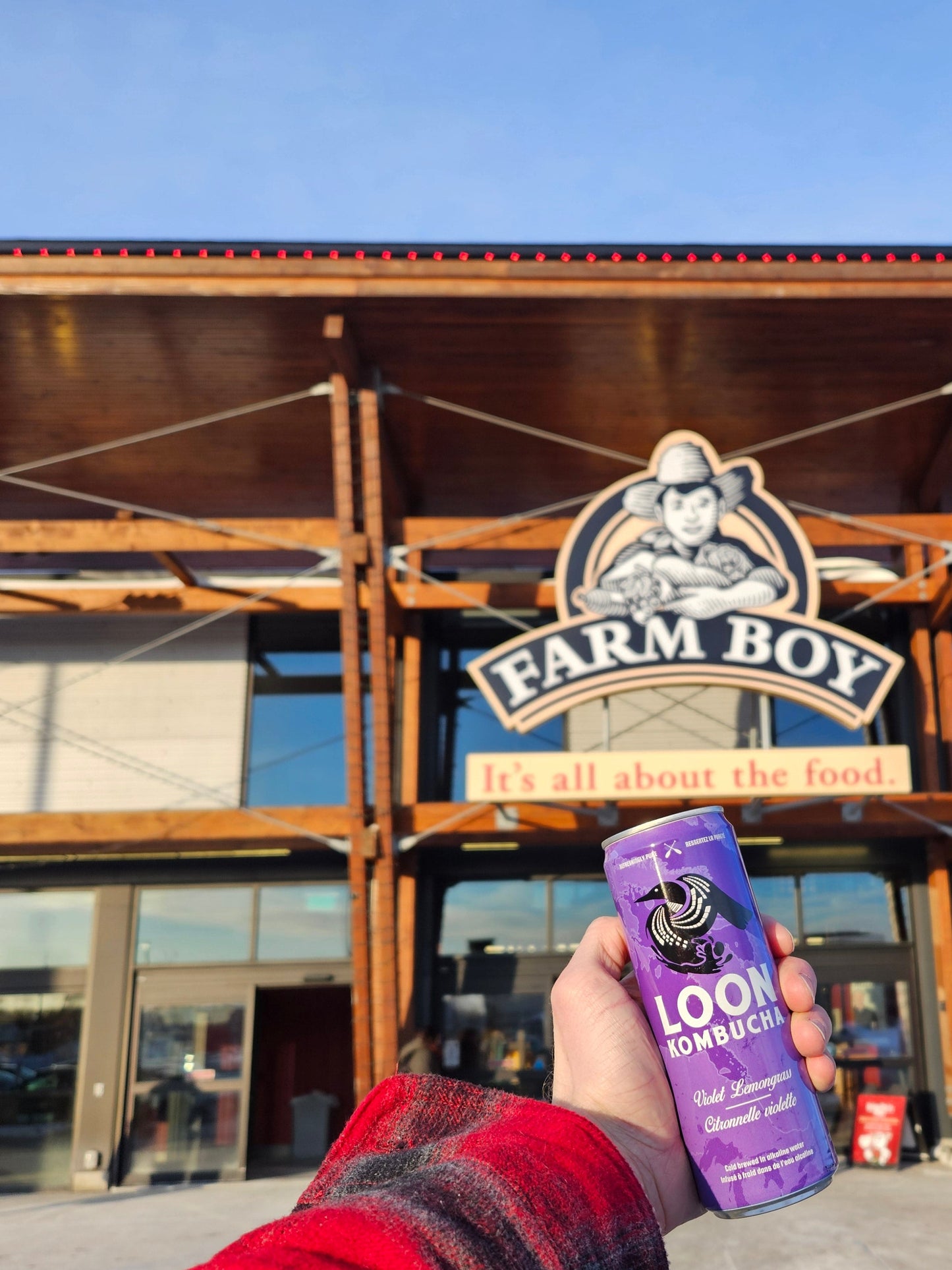 hand holding a purple kombucha can in front of a Farm Boy grocery store.